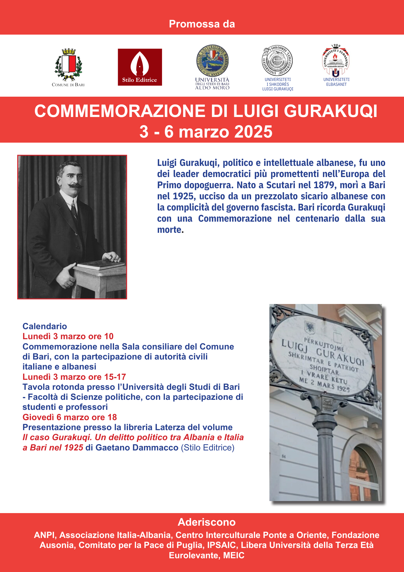 La Lute ricorda il patriota albanese Gurakuqi